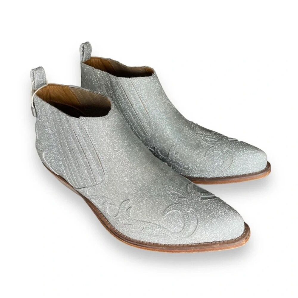 BNIB Golden Goose Santiago Low Western Ankle Boots in Silver Glitter Leather 36